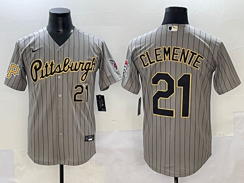 Men 2025 Pittsburgh Pirates #21 Clemente Grey Stripe Throwback Nike MLB Jersey style 2->texas rangers->MLB Jersey